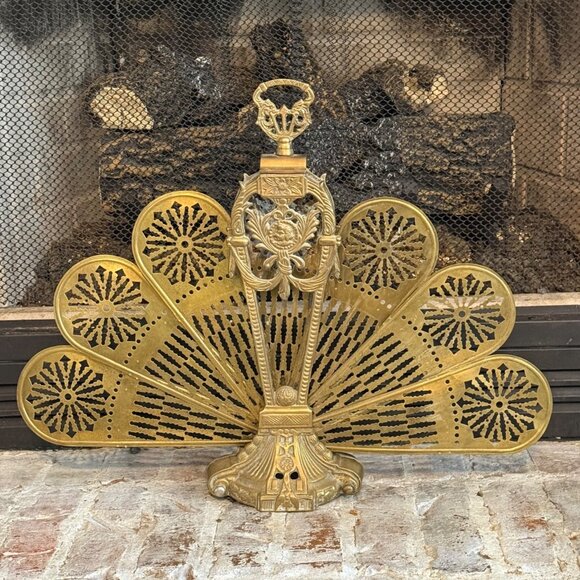 Antique Small Brass Peacock Fireplace Screen Cover CAMEO Folding Fan Victorian - Picture 1 of 9